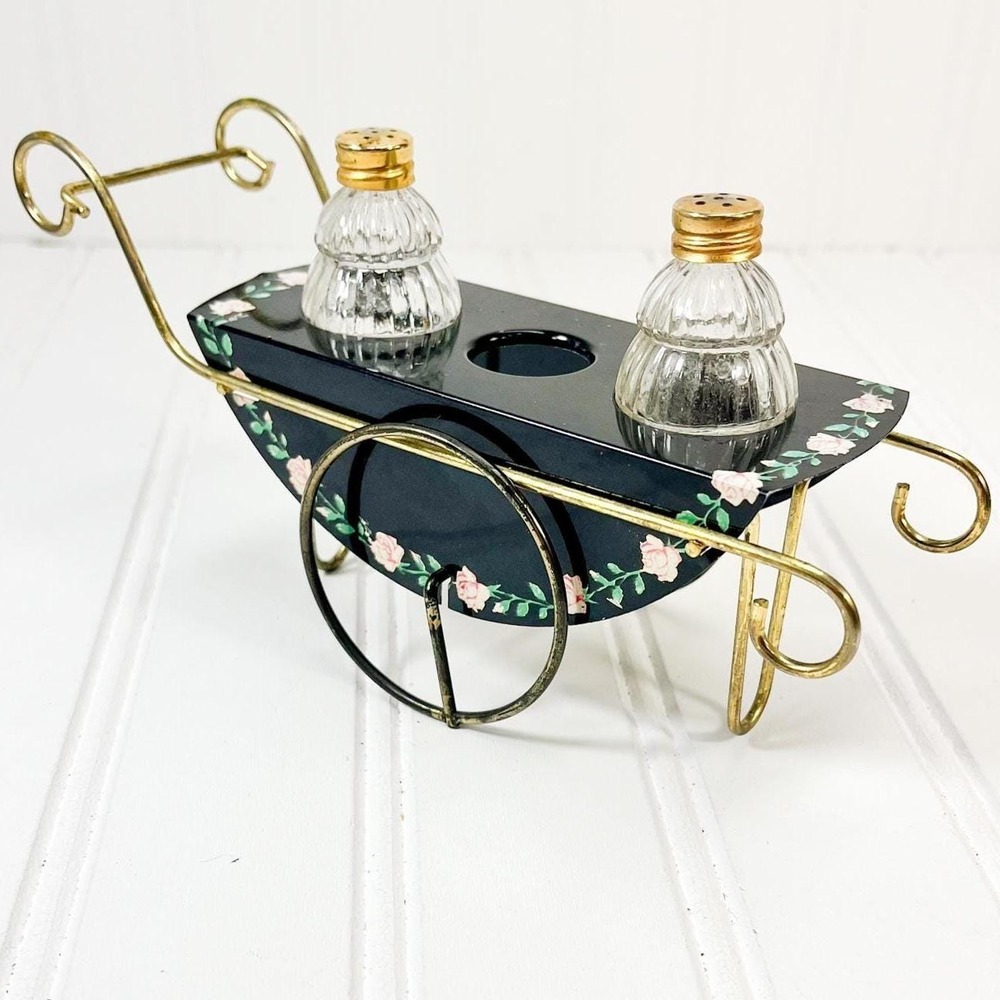 Antique Crystal Glass & Brass Shaker Set: Vintage Metal Cart‎